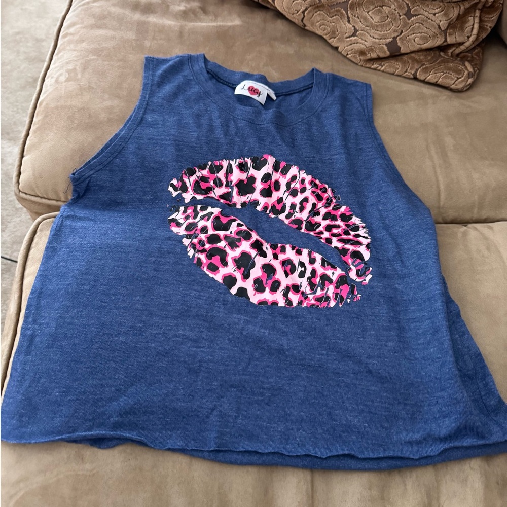 Lucy Blue Tank Top with Pink Leopard Lips
